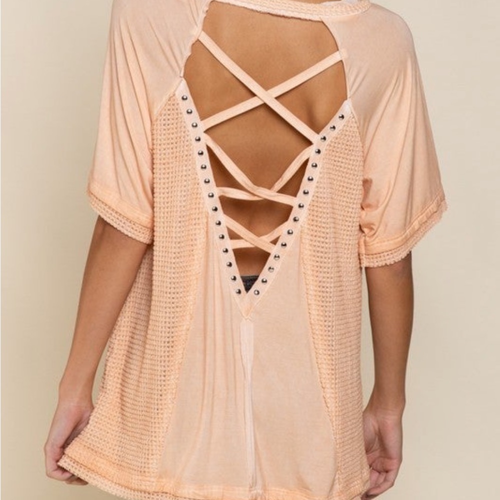POL Studded Strappy Back V-Neck Waffle Mixed Knit Top - Shell Coral